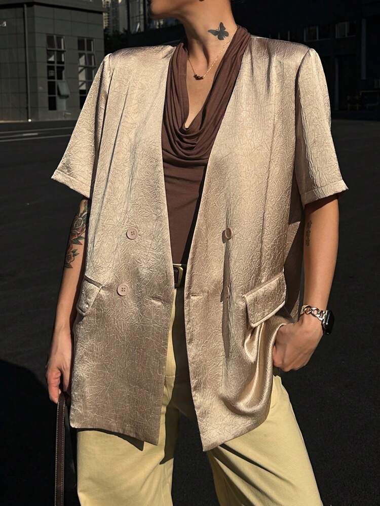 Women's Summer Satin Short Sleeve Blazer, Urban Casual Elegant Thin Suit Jacket Business Attire