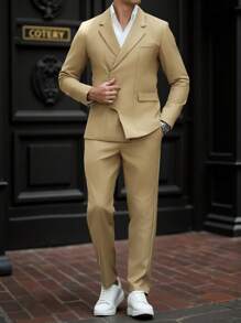 Manfinity Mode Setelan Jas Pria 2 Potong Slim Fit, Jas Bisnis dan Celana untuk Pria, Jas Kasual untuk Pria, Jas Pria, Jas Formal Pria - Khaki - View 3