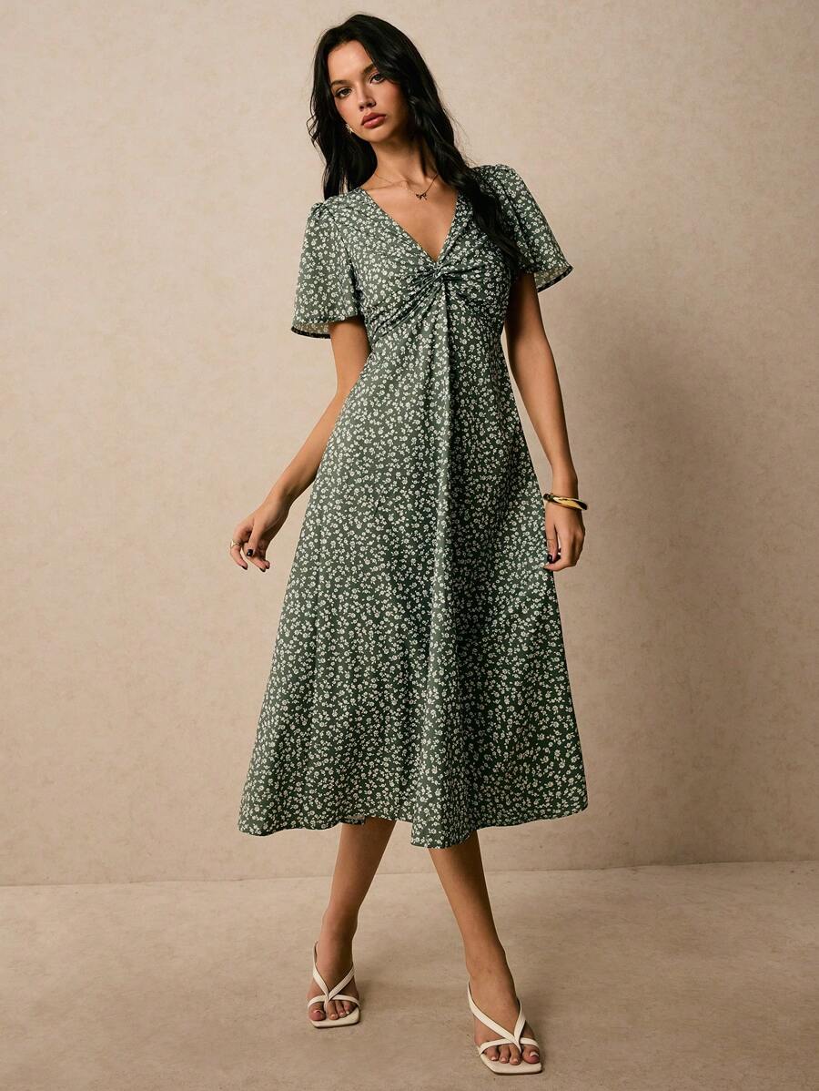 Poéselle 女式V领碎花休闲短袖连衣裙 - 薄荷綠 - 查看 1