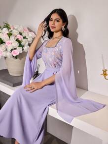 Modelyn Đầm dài tay dài thêu cổ vuông thắt eo cho nữ - Màu tím - Xem 6