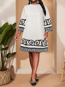 SHEIN Lady Plus Size Black Print Summer Holiday Dress For Women Women's Plus Size Casual Simple Dress, Suitable For Summer - White - View 1