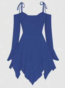 Flirla Plus Size Asymmetrical Hem Cinched Waist Casual Dress - Navy Blue - View 2