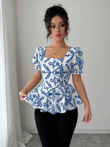 Elenzga 25件夏季新款方领泡泡袖刺绣印花女式衬衫