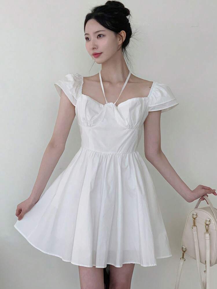 White Solid Color Puff Sleeve Tied Square Neck Fitted Summer Mini Dress For Women
