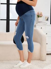 SHEIN Jeans de maternidad informales con bolsillos, efecto desgastado y bloques de color