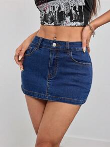 SHEIN PETITE Saia Denim Apertada e Sexy para Mulheres, Cintura Baixa, Mini, Azul - Lavagem Média - Visão 3