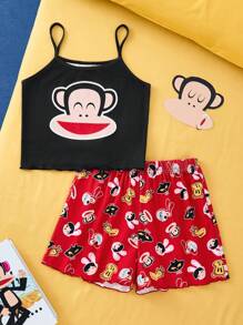 Paul Frank X SHEIN Tween Girl Cute Black Cartoon Pattern Cami Top And Red Casual Shorts Pajama Set, Summer - Multicolor - View 1
