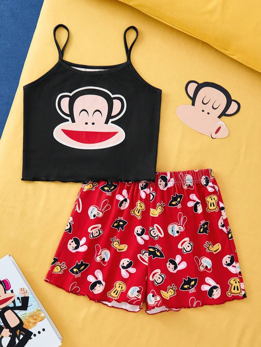 Paul Frank X SHEIN Tween Girl Cute Black Cartoon Pattern Cami Top And Red Casual Shorts Pajama Set, Summer - Multicolor - View 1