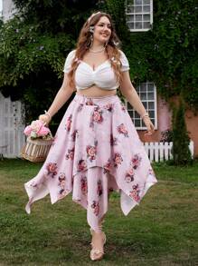 Flirla 大码女式松紧腰不对称下摆印花半身裙，浪漫优雅，适合派对、度假 - 彩色 - 查看 5