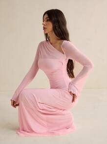SHEIN Tall Đầm cổ lệch màu thanh lịch, mùa thu - Hồng - Xem 6