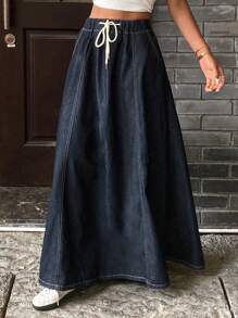 Livesso 女士纯色抽绳腰休闲百搭牛仔半身裙 - 藏蓝色 - 查看 1