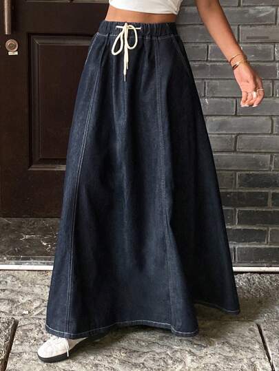 Livesso 女士纯色抽绳腰休闲百搭牛仔半身裙