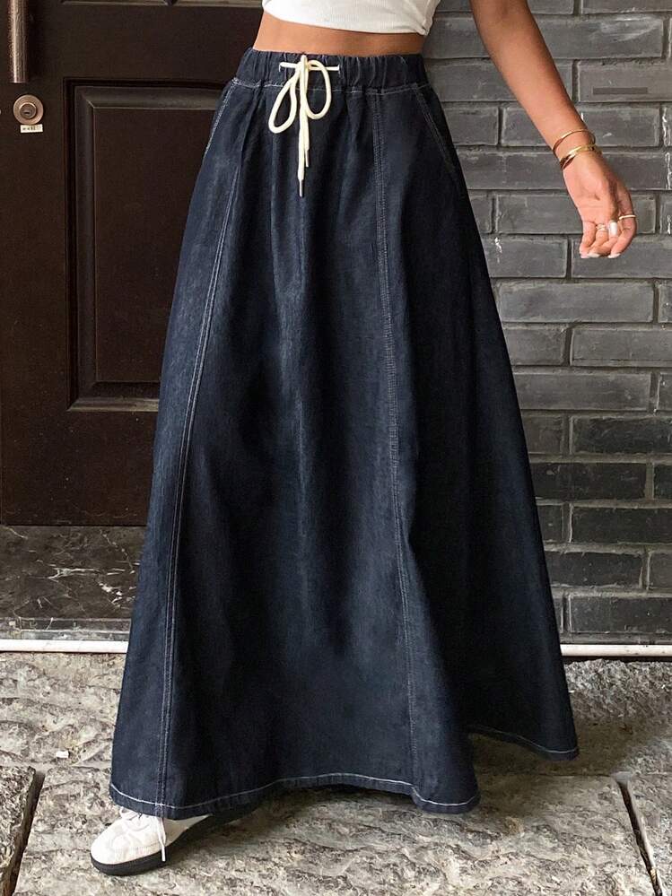 Livesso 女士纯色抽绳腰休闲百搭牛仔半身裙 - 藏蓝色 - 查看 1