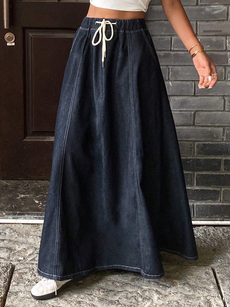 Livesso 女士纯色抽绳腰休闲百搭牛仔半身裙 - 藏蓝色 - 查看 1