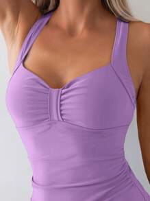 Swim Basics 1 bộ đồ bơi liền thân màu trơn buộc lưng bằng dây mảnh cho nữ - Màu tím - Xem 4