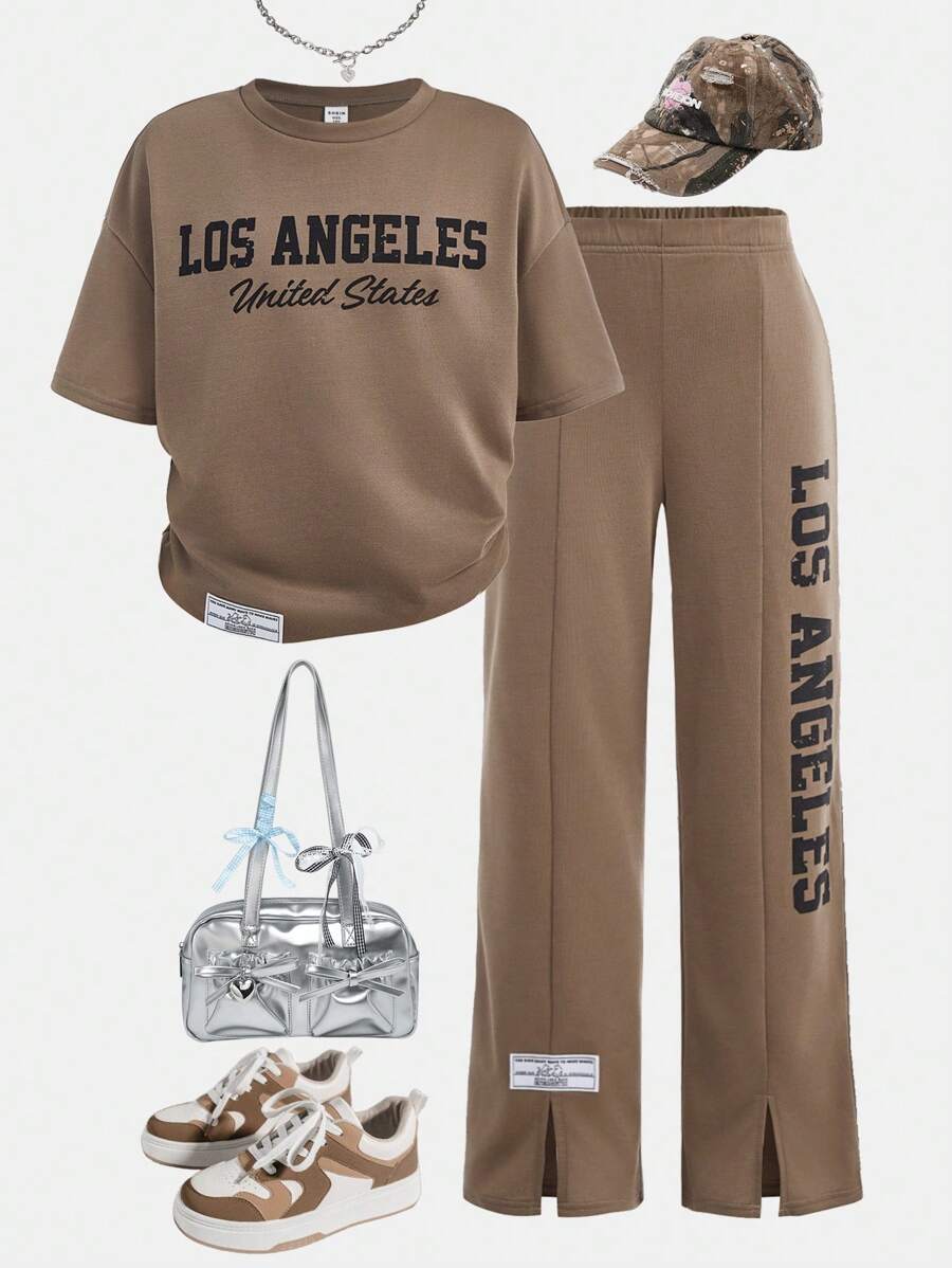 SHEIN Girlism 2pcs/Set Tween Girls Loose Casual Letter Print Woven Label Decor Wide Leg Pants Outfit - Khaki - View 1