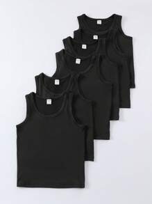 SHEIN Genkimix Kids 6 件/包年轻男孩黑色圆领无袖背心，柔软针织面料，适合休闲、运动、度假，可搭配短裤，非常适合日常、学校、度假穿着 - 黑色 - 查看 6