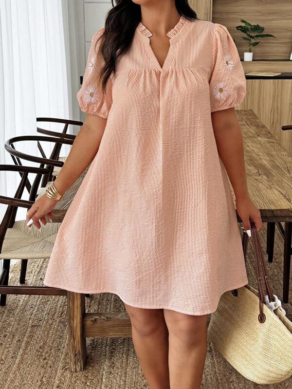 Weeklong Plus Size Casual Vacation Striped Floral Embroidered Dress