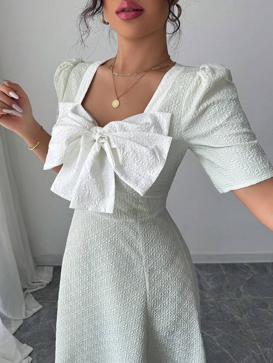 Modelyn Vestido midi para mujer de manga larga, corte holgado, con cuello cuadrado y lazo a la francesa - Multicolor - Ver 1