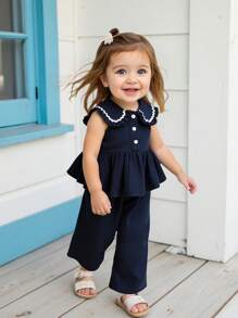 SHEIN Vintaside Kids 2-delige set voor babymeisjes, schattig stijlvol marineblauw topje zonder hals en broek, preppy stijl lente- en zomerkleding.