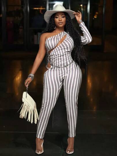 Slaydiva 2025 春夏女款大码休闲/街头/派对/性感不对称镂空露背条纹长款连体裤