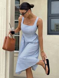 Siren Gaze Women's Summer 100% Cotton Blue Striped Square Neck Sleeveless Long Dress Daily Commuter Wear    Dresses For Women  Summer Outfits For Women  Beach Outfits For Woman  Vacation Outfits Woman  Western Wear Women    Work Summer Dresses Woman S Summer Clothes Vacation Casual Holiday Resort