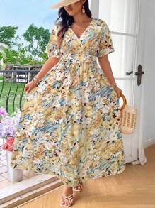 SHEIN Clasi Plus Summer Floral Print Overlap V-Neck Ruffle Short Sleeve Long Dress Vacation Maxi Women Outfit - Multicolor - View 3