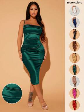 SHEIN SXY Effen kleur Geplooide Satijn Cami-jurk