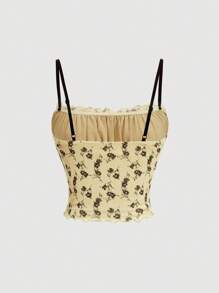 SHEIN MOD Women's Floral Printed Bowknot Decorated Ruffled Hem Cami Top - Black and White - View 2