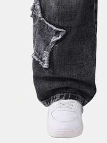 SHEIN Jeans de denim azul claro con bordado de estrella de cinco puntas para niñas preadolescentes, estilo Y2K, corte recto suelto, pantalón casual de moda para la calle - Gris - Ver 4