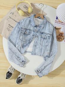 Teen Girls Washed Single-Breasted Ripped Long Sleeve Cropped Denim Jacket Fall Winter