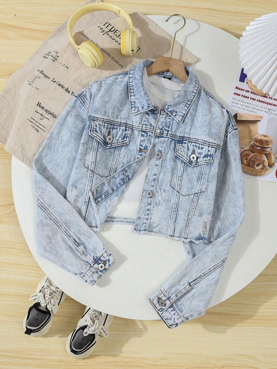 Teen Girls Washed Single-Breasted Ripped Long Sleeve Cropped Denim Jacket Fall Winter