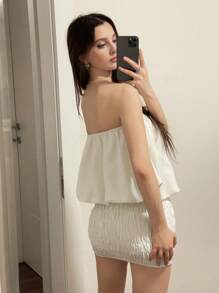 Sweetina Women's Summer Vacation Puff Sleeve Flared Crop Top - Apricot - View 2