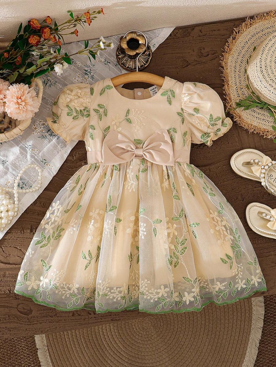 SHEIN Đầm xòe cho bé gái dáng rộng mùa xuân màu hồng thanh lịch dễ thương bằng vải tuyn lụa cổ tròn có thể mở eo thắt nơ trang trí, thích hợp cho các bữa tiệc và buổi tụ họp - Màu be - Xem 1