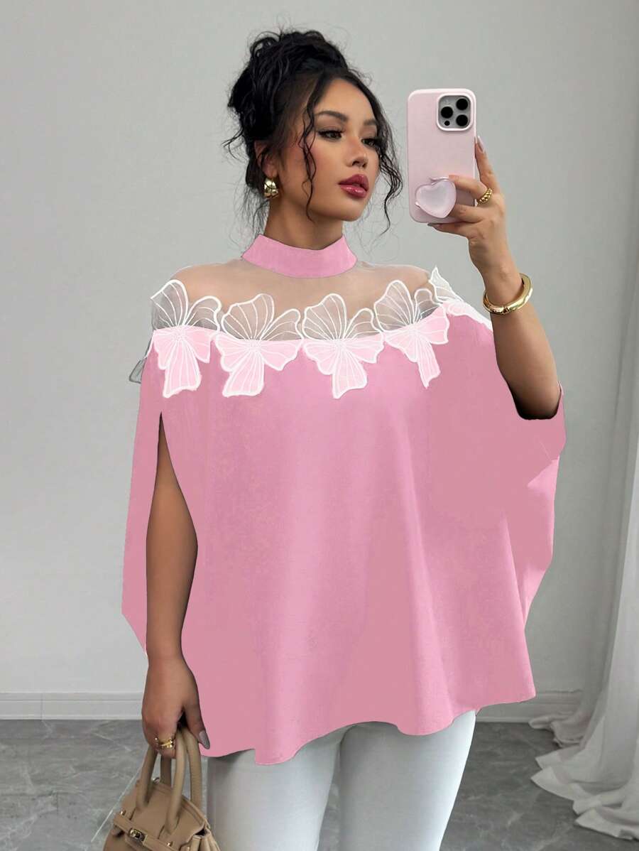 Elenzga Women's Casual Fashion Lace & Mesh Panel Slit Sleeve Stand Collar Blouse, Spring/Summer/Autumn - Pink - View 1