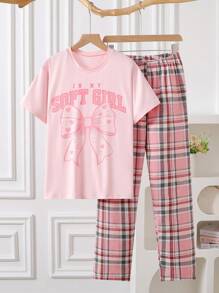 2 件套少女粉色格子裤和睫毛印花短袖上衣家居服套装，夏季 - 粉色 - 查看 1