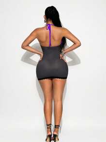 Sirith 性感别致蕾丝下摆合身腰部方领机车印花设计女式紧身连衣裙