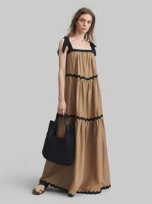 Ontre 2022 New Women Sleeveless Tie-Front Contrast Color Belted Dress, Bowknot Shoulder Tie Beach Dress For Spring & Summer