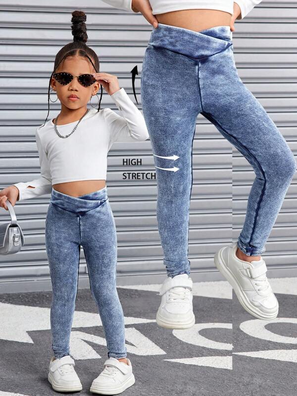 SHEIN Calça jeans skinny elástica azul Y2K para meninas, leggings jeans de malha macia e confortável