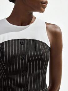 Maija 2025 Muttertags Moderne Stadt Frauen Ärmellose Schwarz & Weiß Kontrast 2-in-1 Rundhalsbluse, bequem für Frühling/Sommer Pendelverkehr, Vintage Stil