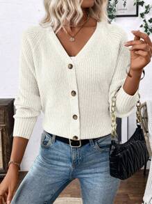 EMERY ROSE Versatile V-Neck Cardigan Sweater Outerwear For Women, Loose Casual Simple Open Front Design Fall Winter Cloth For Women - Beige - View 6