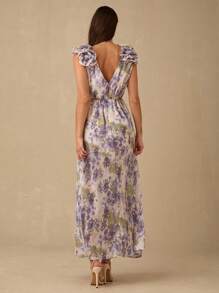 Enchnt 女式优雅花卉印花开衩荷叶边下摆夏季连衣裙 - 彩色 - 查看 7