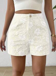 SHEIN Clasi Solid Color Random Print Elegant Straight Leg Shorts, Summer - Beige - View 6