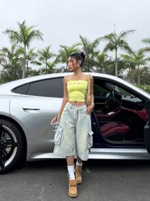 SHEIN EZwear Blue Washed Loose Cargo Style Denim Shorts - Blue - View 6