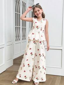 SHEIN 女童花卉印花无袖 A 字形衬衫和阔腿裤两件套优雅套装 - 杏色 - 查看 10