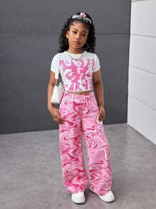 Tween Girls Summer Y2K Marble Print Drawstring Elastic Waist Wide Leg Casual Baggy Jeans Wide Leg Jeans For Daily Wear,Girls Summer Concert Festival Causal Rave Outfits, Girls Summer Brunch Church Graduation Outfits,Streetwear Back To School Outfits