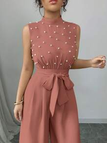 Top sin mangas con cuello alto y cintura ceñida en color amarillo mantequilla, con pantalón ancho de pierna ancha, mono cómodo, adecuado para primavera/verano/otoño/invierno, elegante, vestidos de noche, apropiado para uso diario, pantalones con cordón/casual elegante/vuelta al colegio/invierno, Acción de Gracias, temporada de bodas/vestido de cóctel corto/dama de honor/vestidos africanos para mujer - Rosa vieja - Ver 6