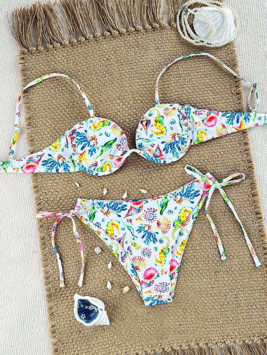 Swim Mod 2 Stücke/Set neuer bunter Unterwasser Welt Seitenschnürung Geknüpft High Cut Bikini, Frauen Strand Urlaub Badeanzug