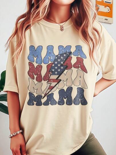SHEIN LUNE Plus Size "MAMA" Letter Flag Print Round Neck Short Sleeve T-Shirt For Fourth Of July/4th Of July