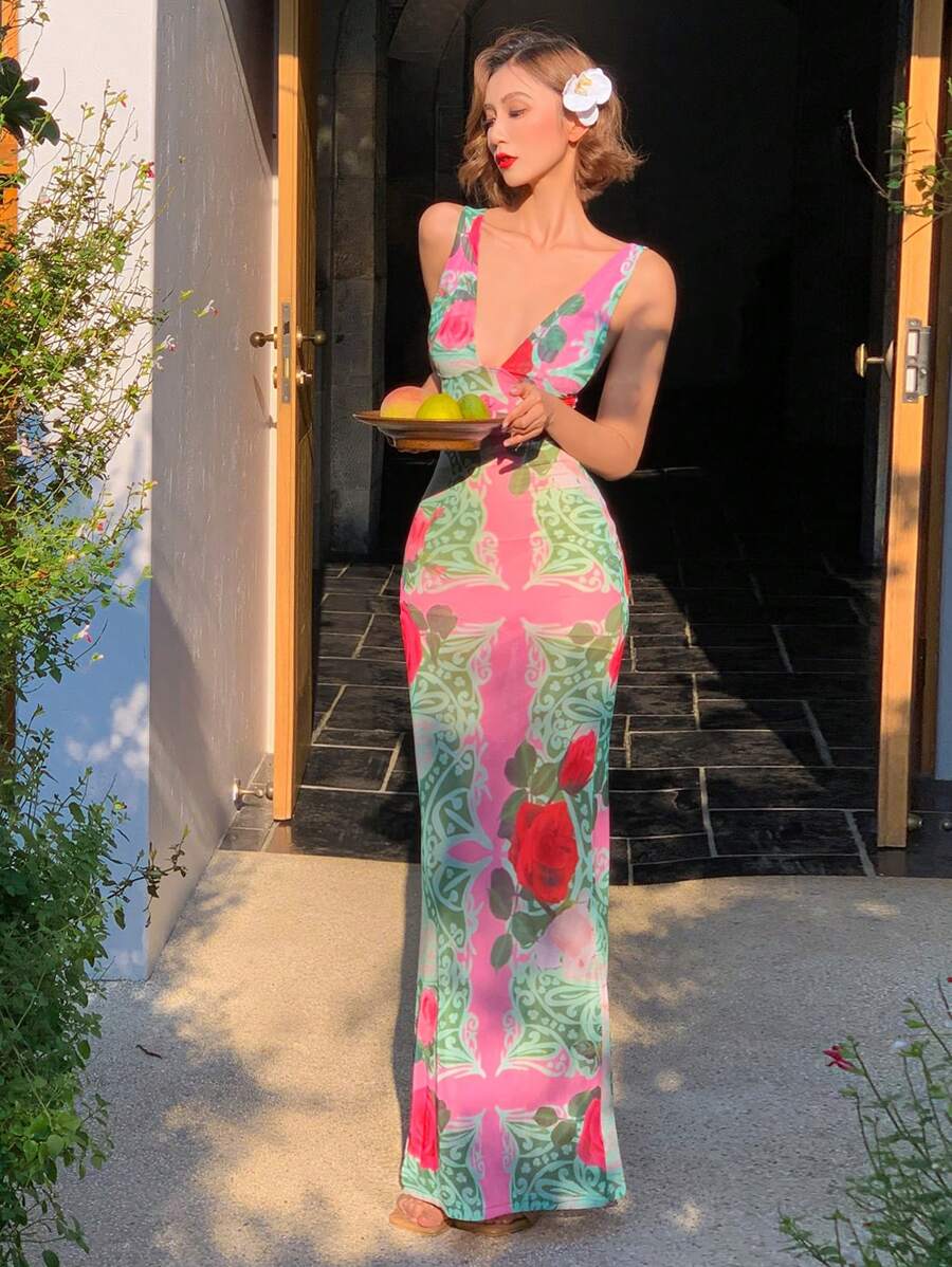 DAZY Sexy Form-Fitting Floral Print V-Neck Stylish Vacation Bodycon Dress Wedding Women Dresses